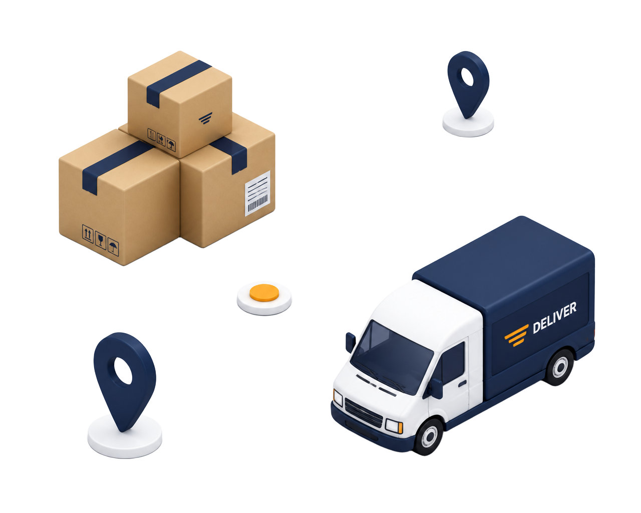 Illustration of parcels, delivery route pins and a delivery van